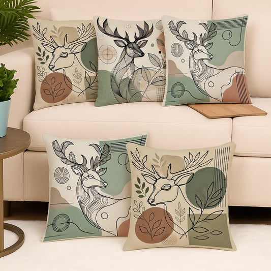 Modern Abstract Deer Polycotton Cushion Covers Set of 5, 16x16 Inches | Earthy Tones Sofa Home Decor Pillow