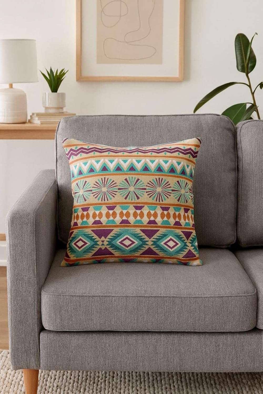 Designer Printed Decorative Jute Cushion Covers 18x18 Inch Set of 2 | Throw Pillow Shams for Sofa Couch Bed Home Decor (Multi)