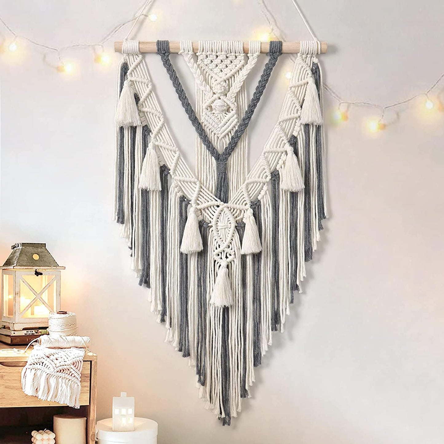 Macrame Wall Hanging – Decorative Accent – Natural Rope, Wood Dowel