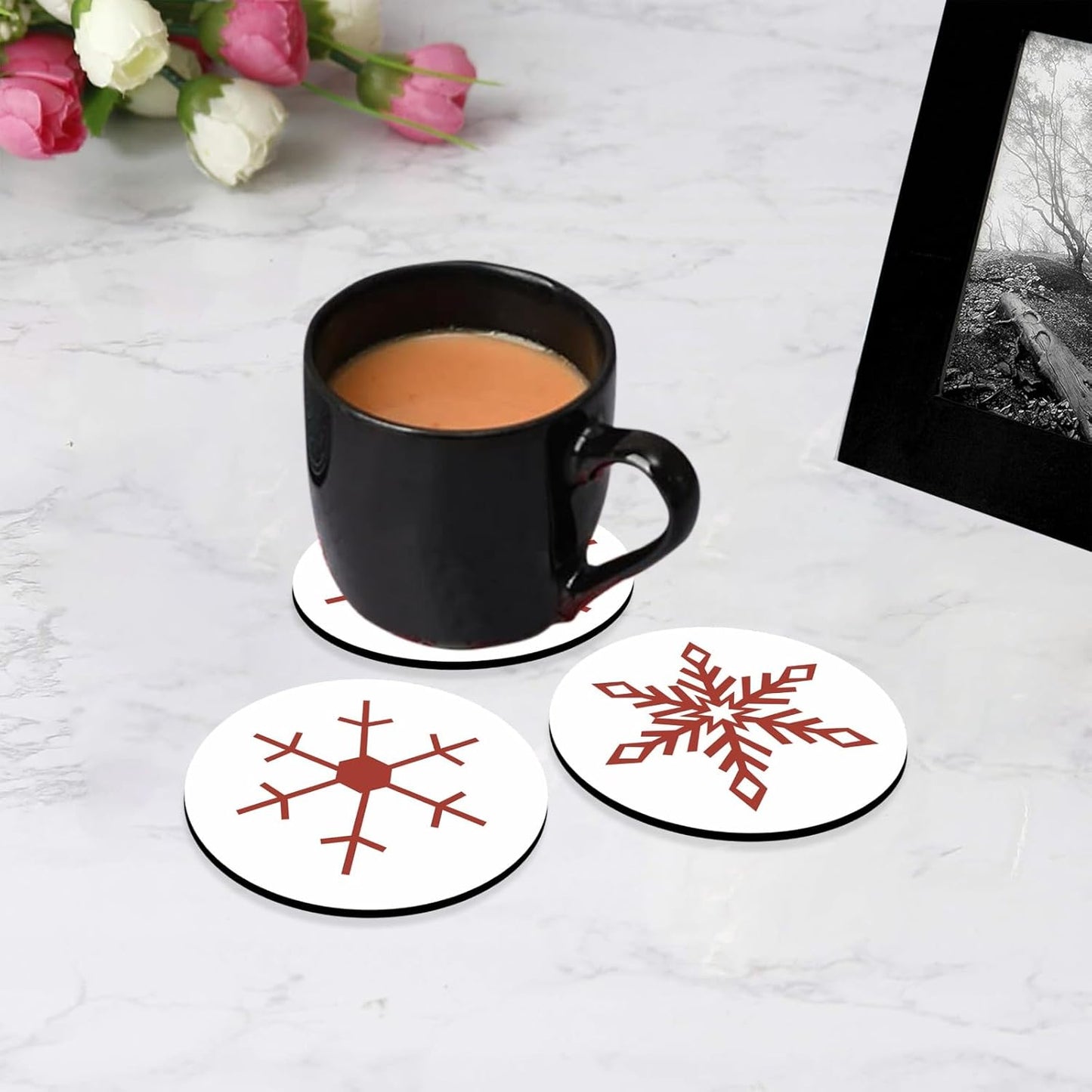 Elegant Boho Wooden Tea Coasters Set of 6 with Stand | Diwali Gifting Home Kitchen Decor Made in India