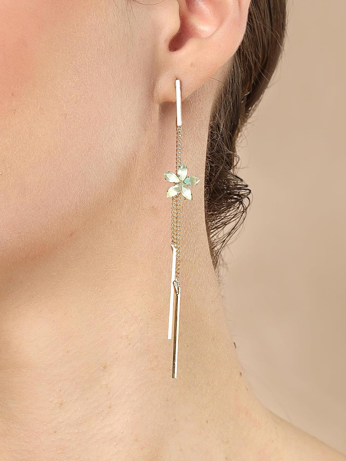 Contemporary Sea Green Drop Earrings – Fashion Jewellery – Gold-Plated Finish – Boutique Accessory