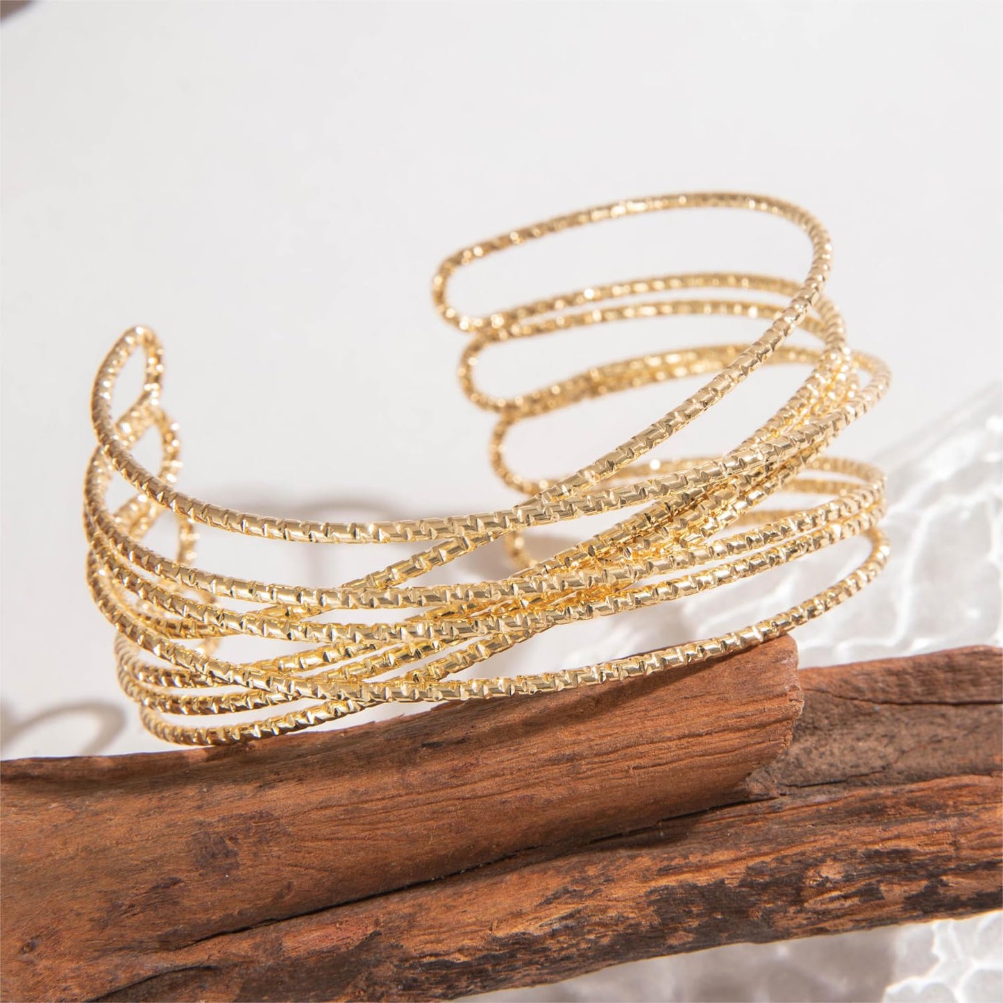 Geometric Double Twisted Kada Bangle – Open Cuff Bracelet – Gold Plated Finish – Adjustable Fit