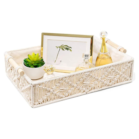 Decorative Macrame Storage Basket – Handcrafted Cotton Rope Weave with Wood Handles