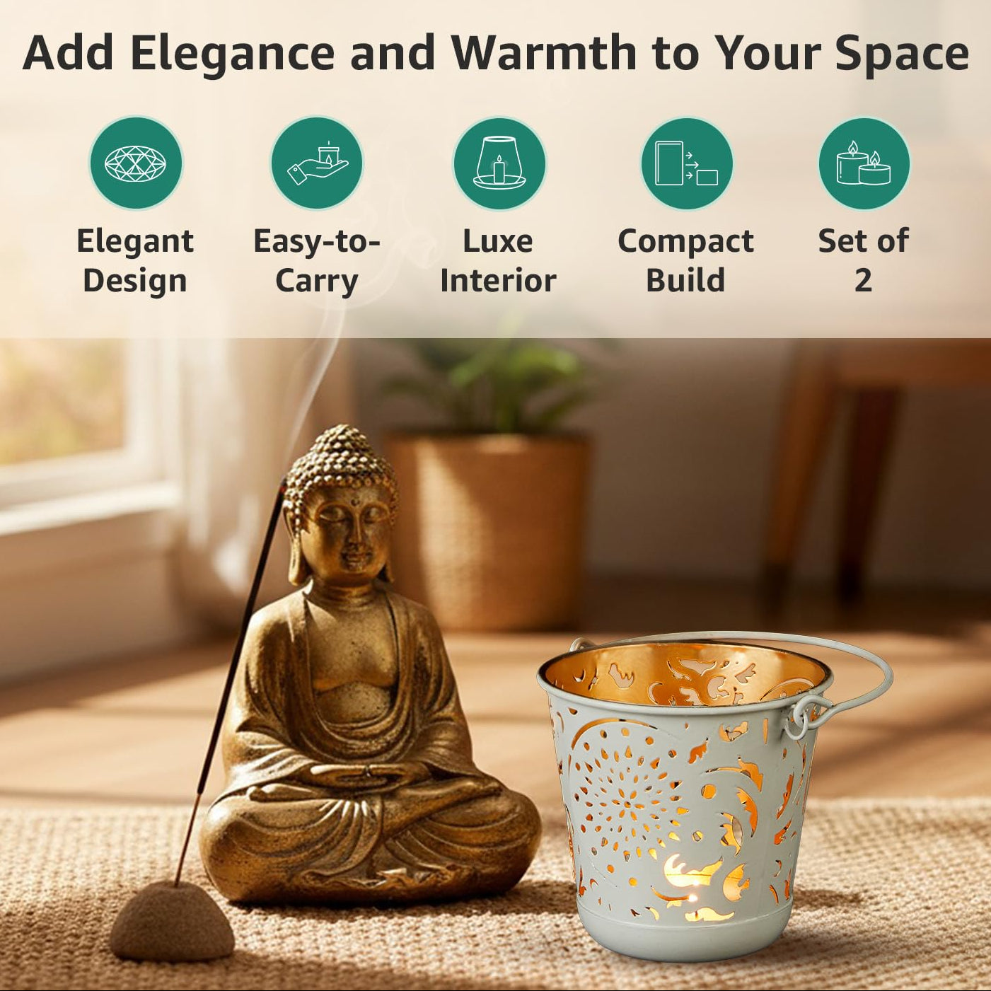 Elegant White Iron Gold Interior Round Handle Tea Light Votive, Set of 2 | Home Decor Candle Holders