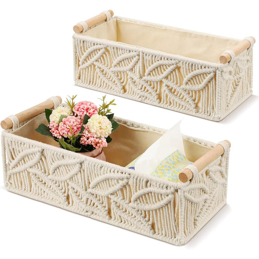 Cotton Macrame Storage Basket with Wooden Handles - 2pc Set