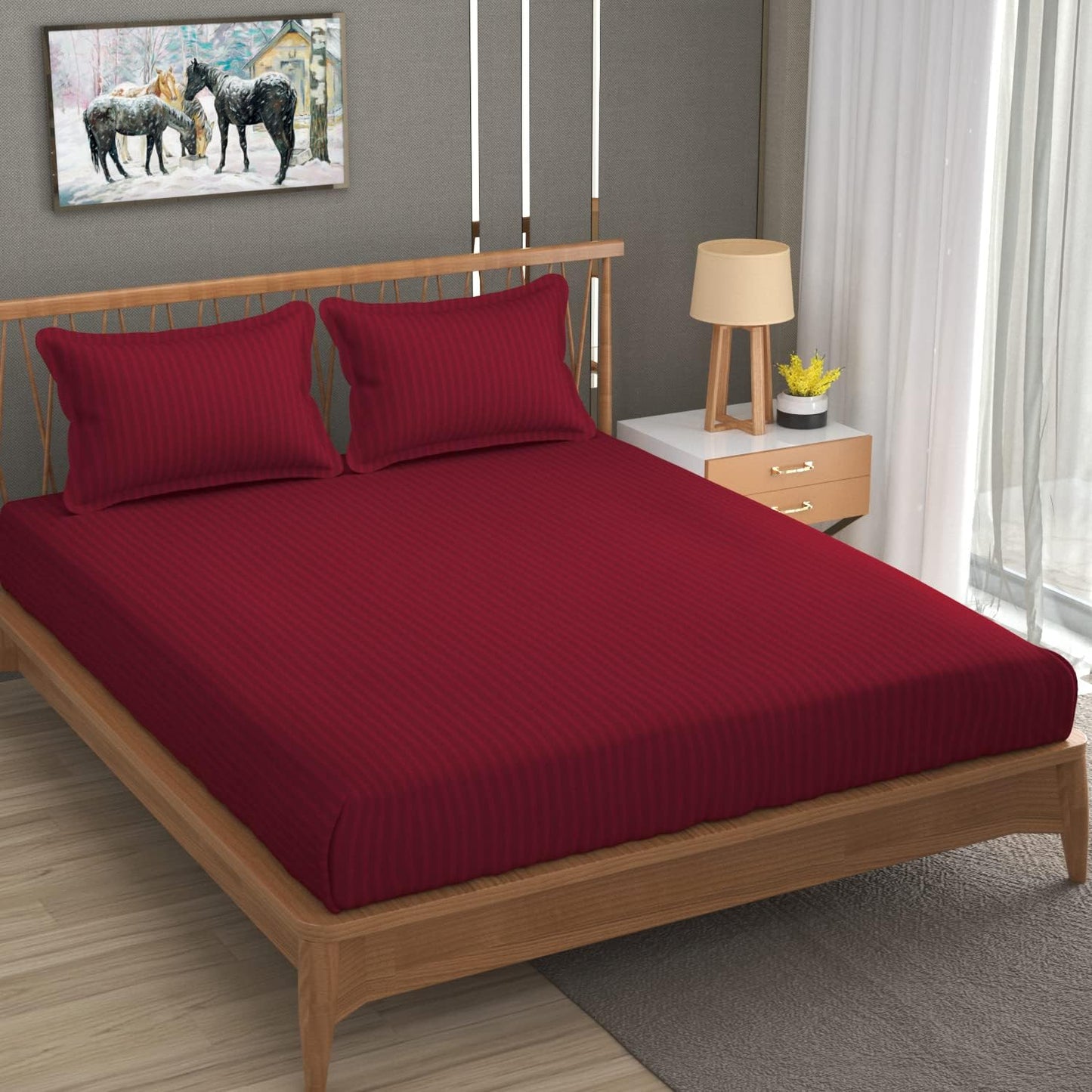 King Size Bedsheet Set - Glace Cotton 220 TC Satin Stripes - 3-Piece Pack
