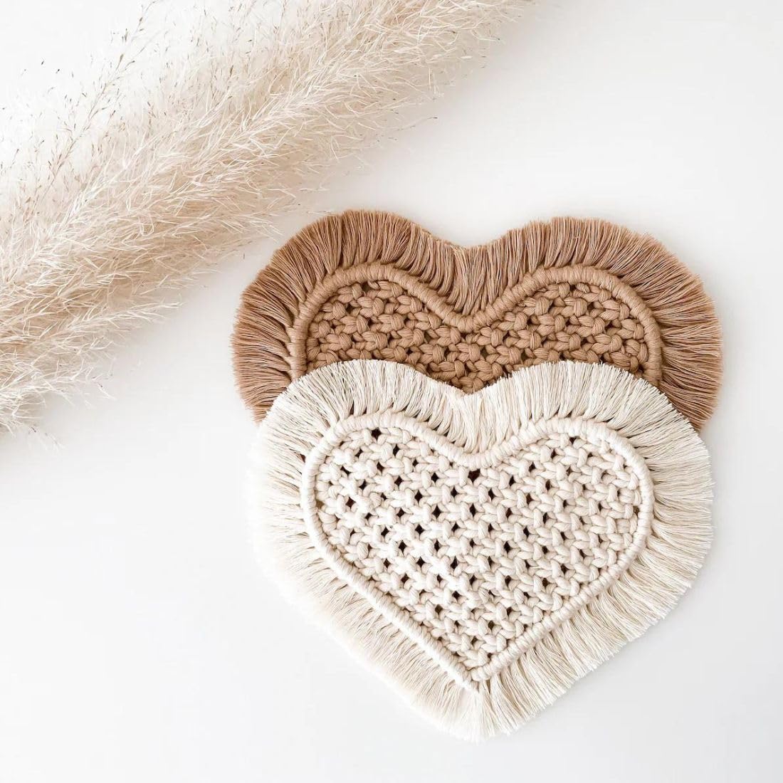 Heart Shaped Handwoven Macrame Coasters – Natural Cotton Bohemian Style - 2pc
