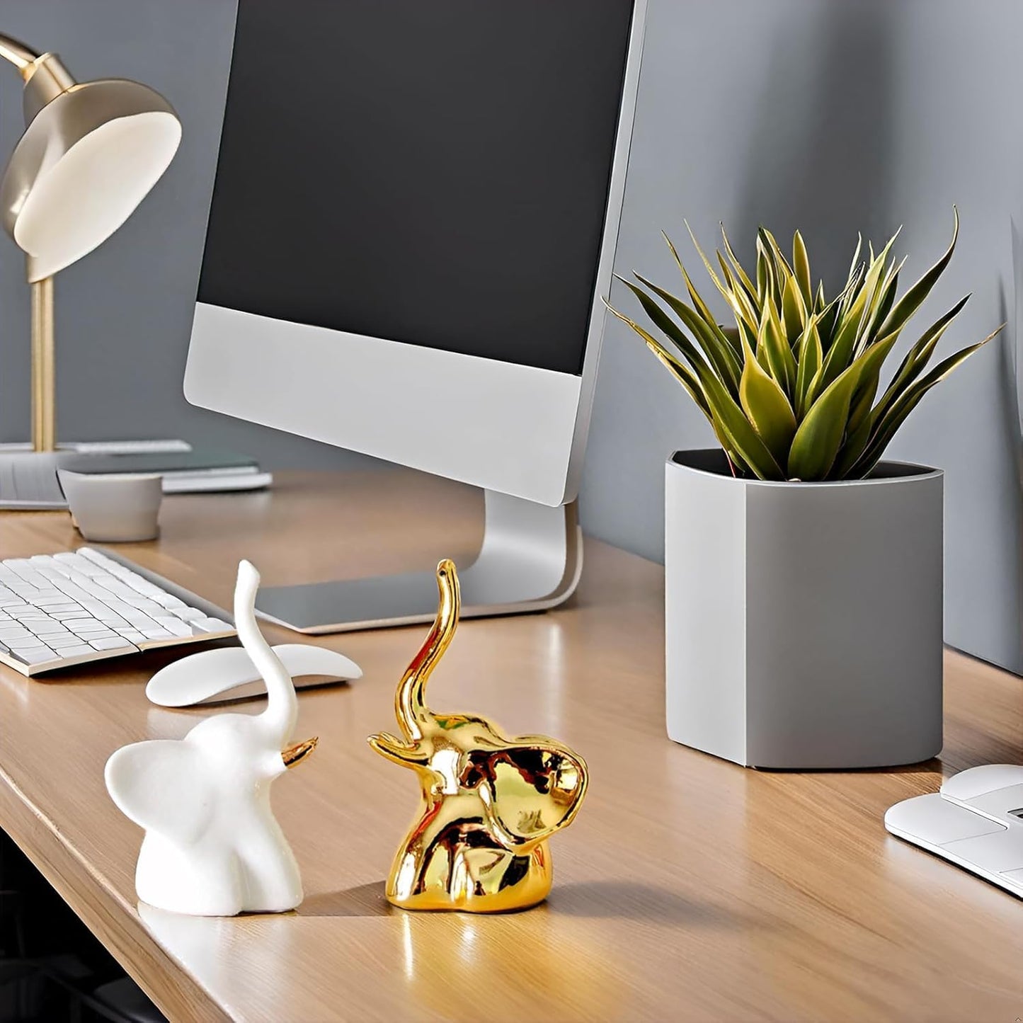 Modern Fengshui Ceramic Good Luck Decorative Elephant Statue Figurines Small (Set of 2) | Home Office Decor, Gift Items