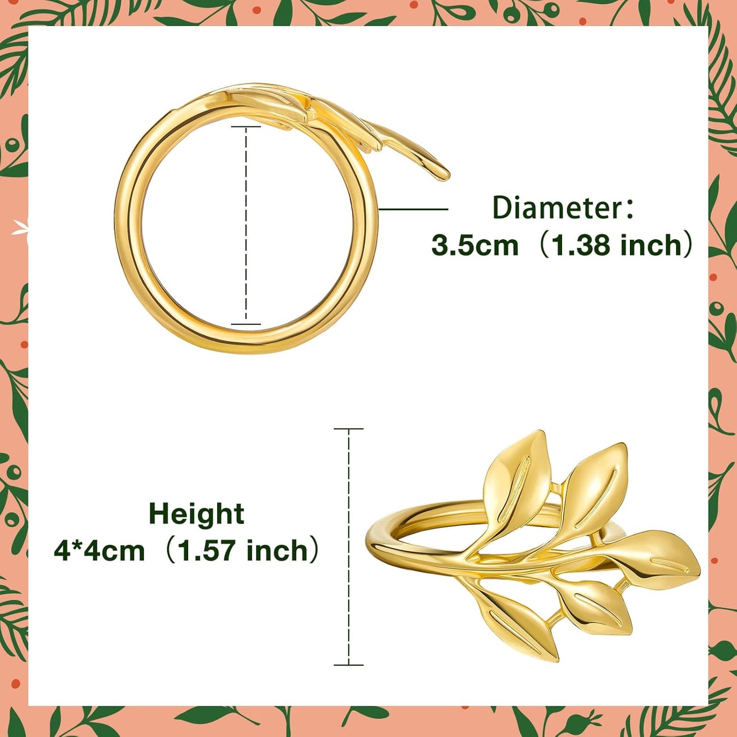 Ronds de serviette Feuille d'or – Accessoire de table – Métal doré résistant – Lot de 6