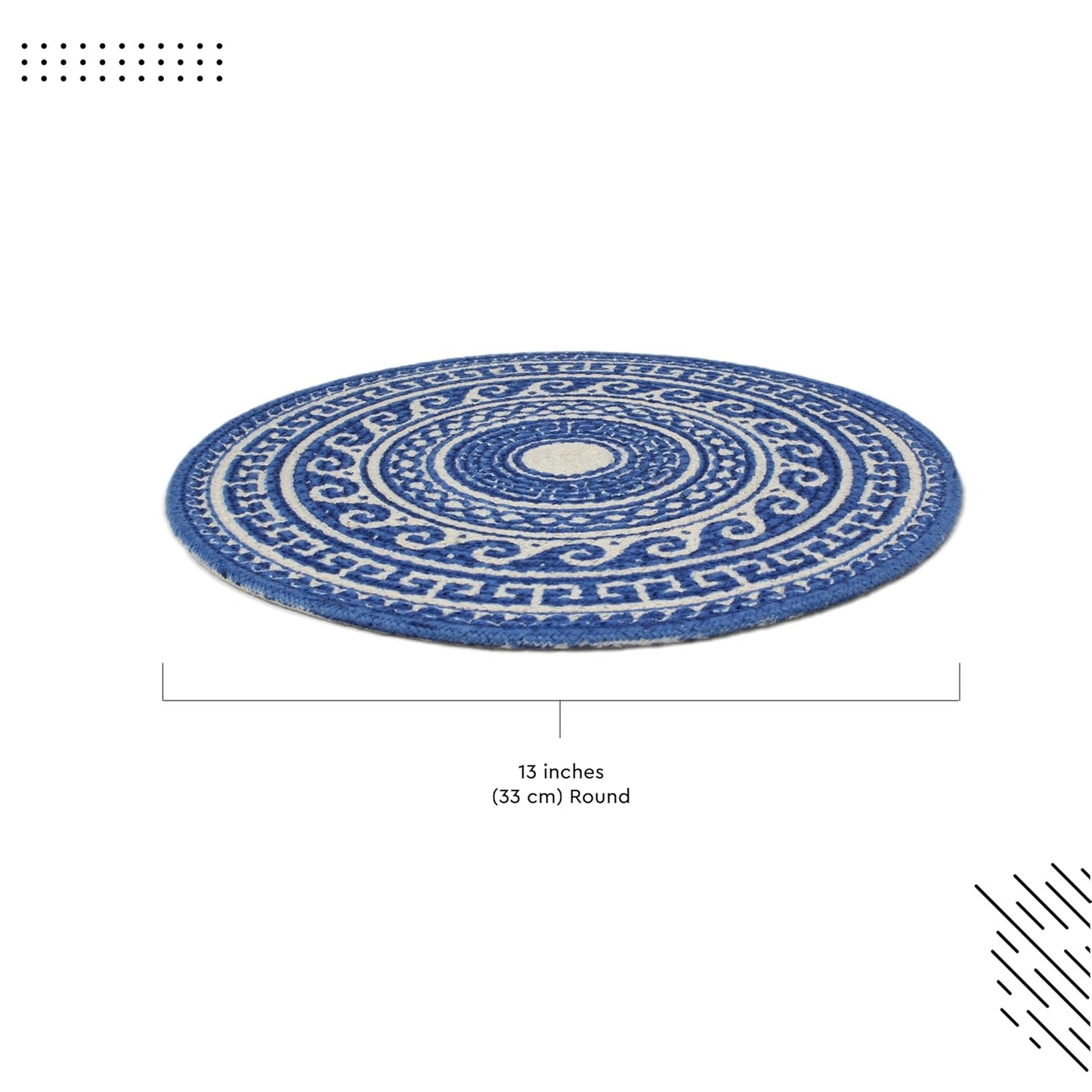 Handmade Ribbed Blue Mandala Round Table Mats Set of 4 (32cm) | Heat-Resistant, Washable Cotton Dining Placemats