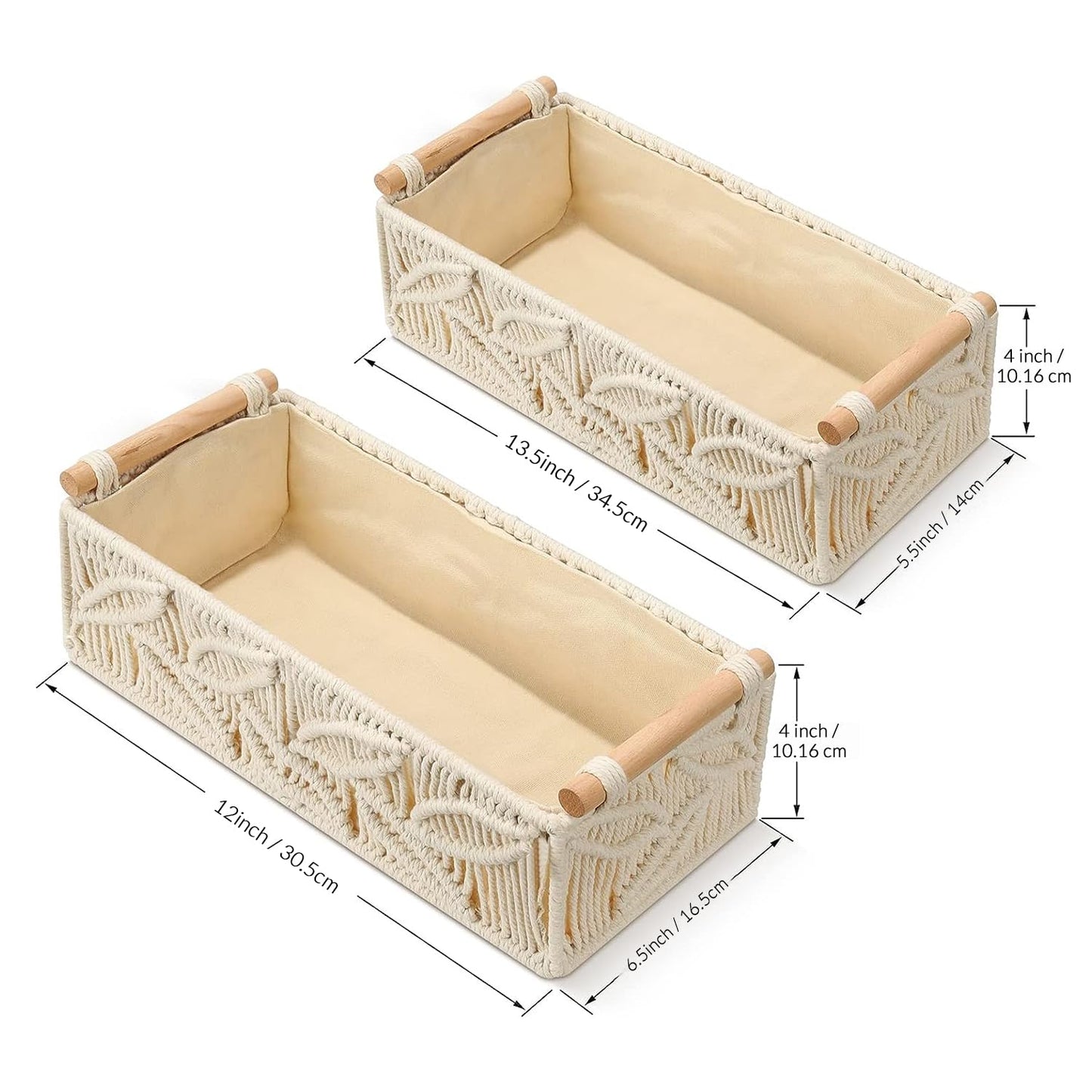 Cotton Macrame Storage Basket with Wooden Handles - 2pc Set
