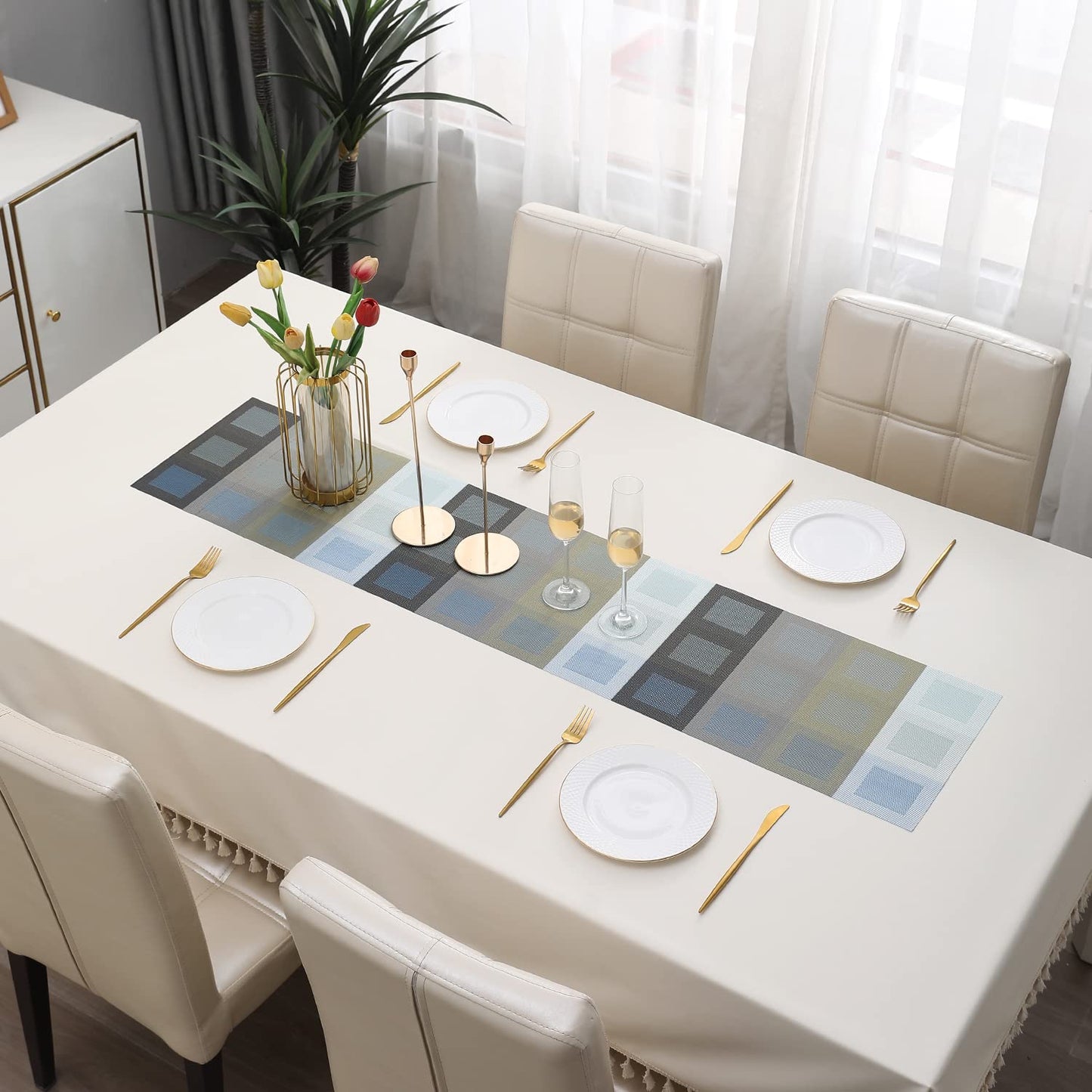 Grey Grid Design Polyester Blend Table Runner, 30x135 cm | Dinner, Coffee, Centre, Side, Dining Table