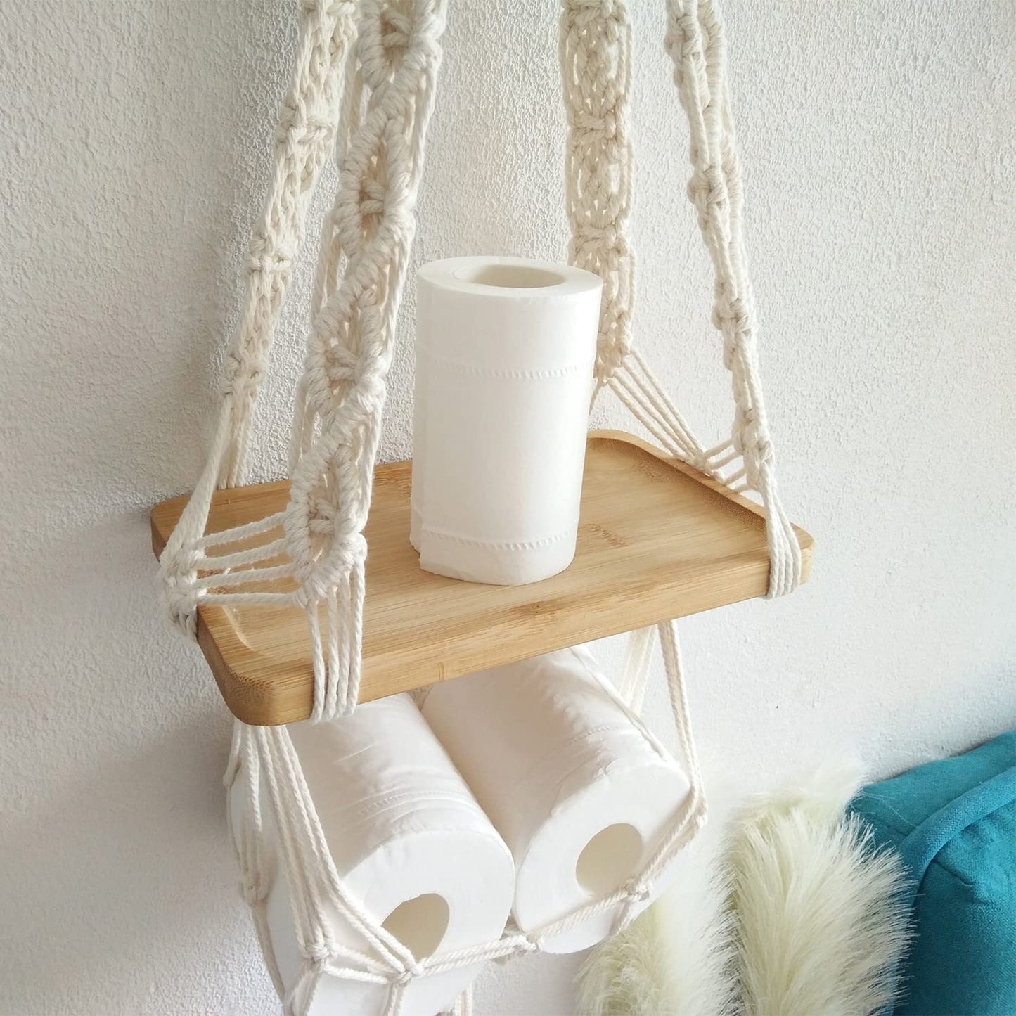 Floating Wall Shelf – Hand-Knotted Cotton & Wood – 12x5in Plank