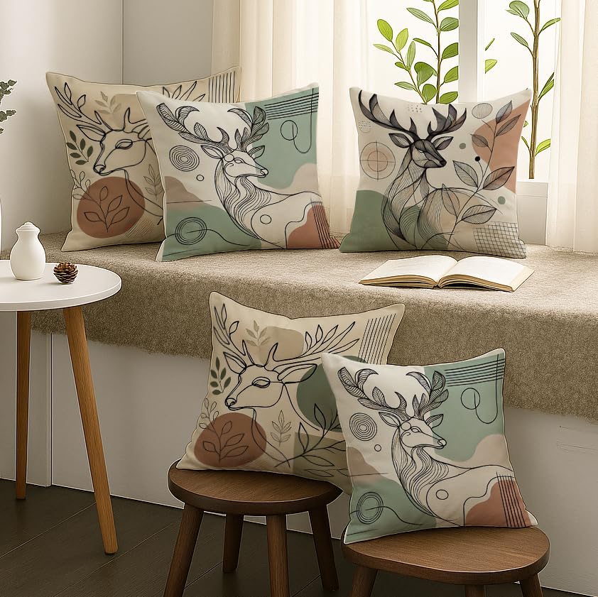 Modern Abstract Deer Polycotton Cushion Covers Set of 5, 16x16 Inches | Earthy Tones Sofa Home Decor Pillow