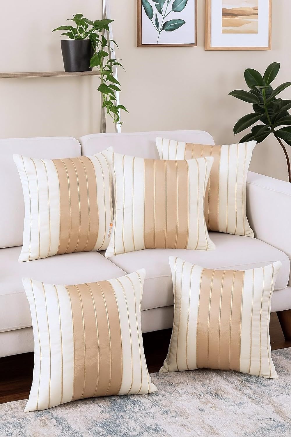 Traditional Golden Striped Silk Cushion Cover Set of 5, 16x16 Inch | Decorative Sofa Pillow Covers Home Decor