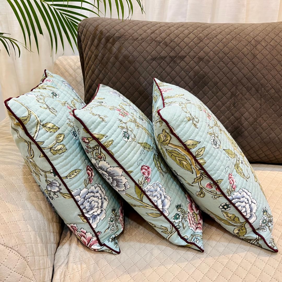 Decorative Floral Ethnic Pure Cotton Hand Block Printed Cushion Cover 16x16 inch, Set of 2 | Sofa Bed Chair Home Decor Gift