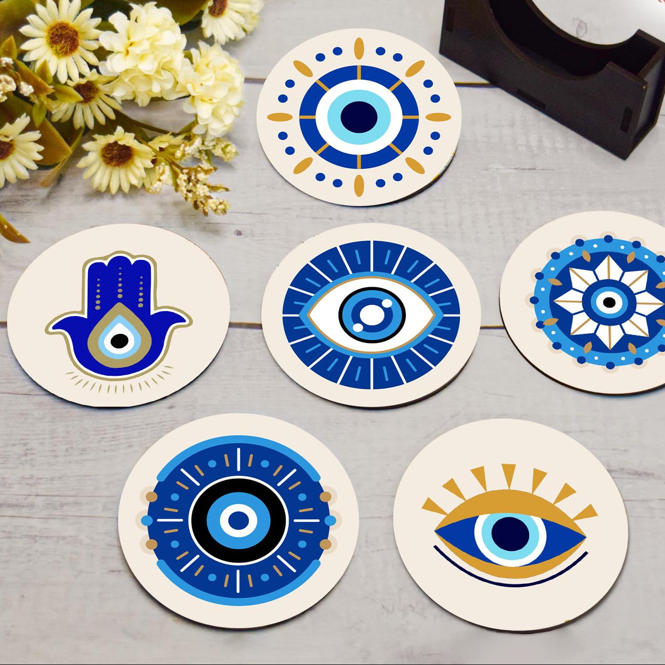 Evil Eye Elegant Wooden Tea Coasters Set of 6 with Stand | Indian Home Decor, Kitchen Accessories, Gifting
