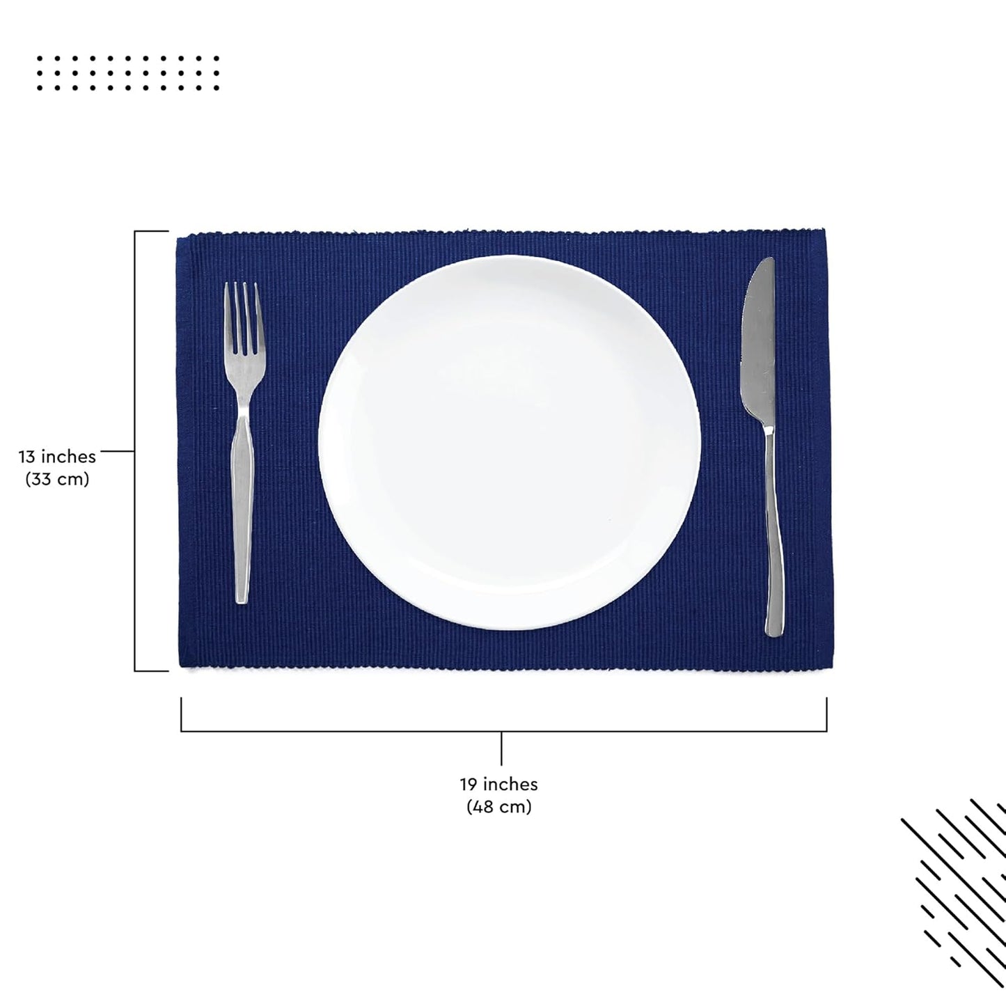 Solid Blue Ribbed Cotton Dining Table Mats Set of 6 (48x32 cm) | Heat-Resistant, Washable Placemats, Kitchen Decor