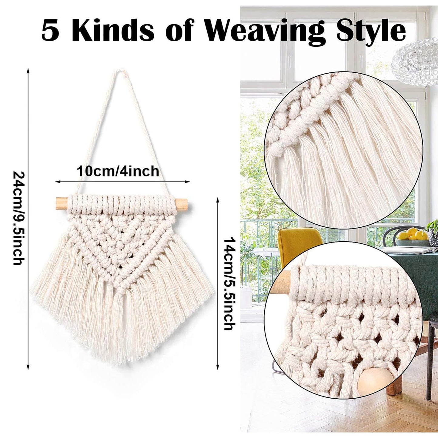 Macrame Wall Decor Set – Hand-Woven Tapestry – Natural Rope & Wood – 5pc Set