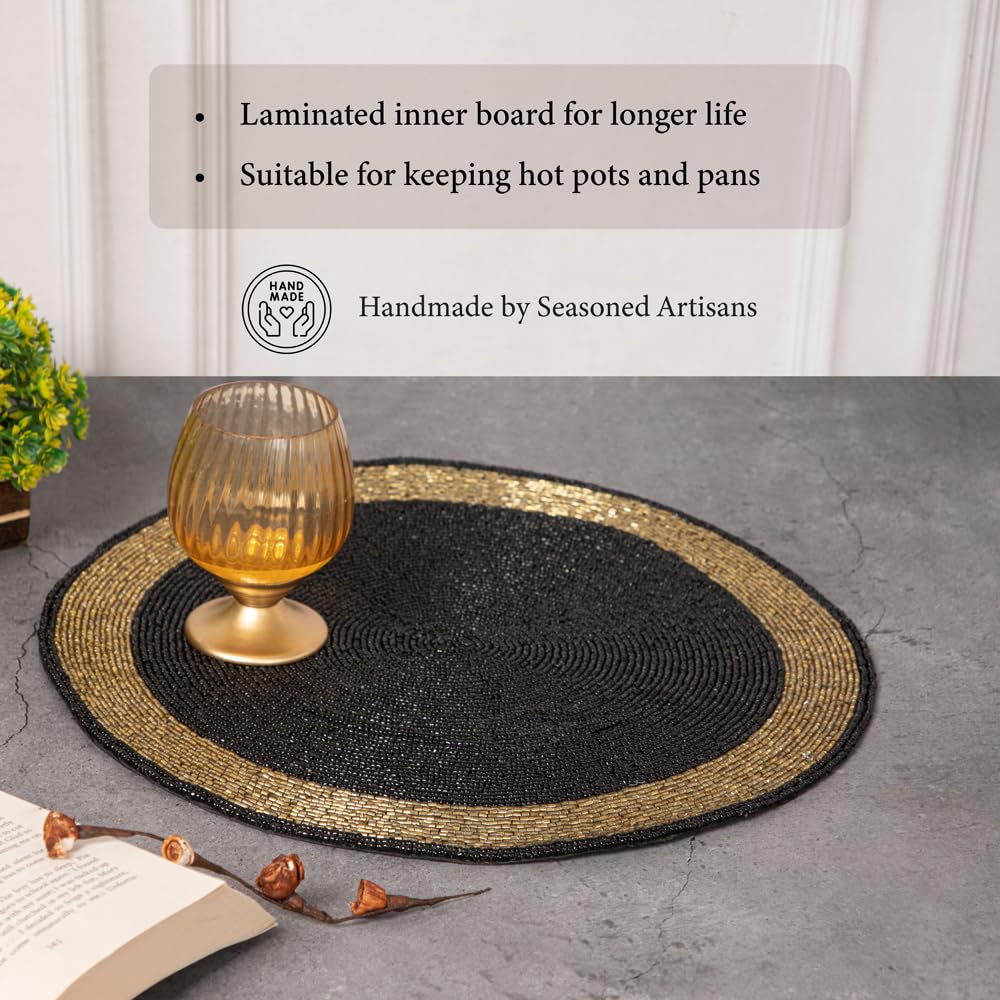 Elegant Black & Gold Beaded Placemats Set of 4 - 14" Round Glass Bead Table Mats | Dining Table Decor & Gift