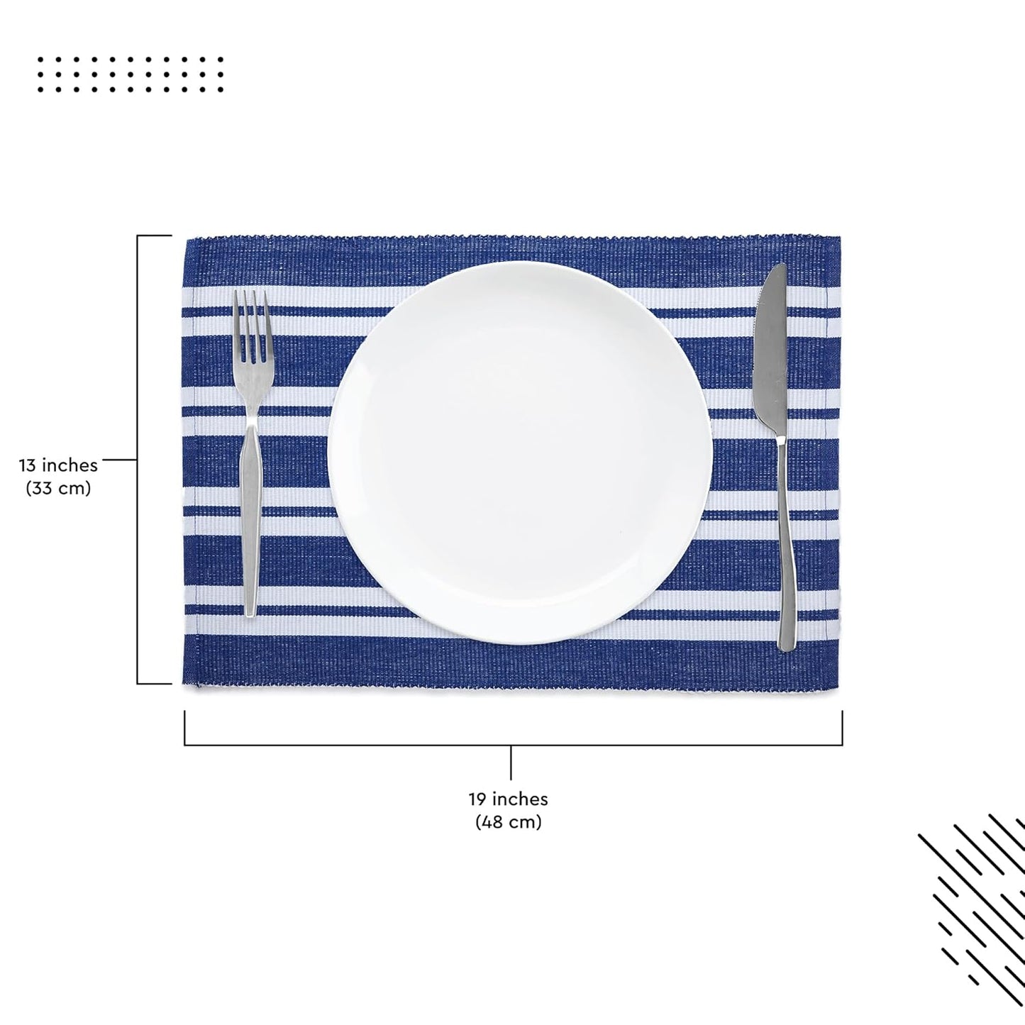 Franca Blue Stripes Ribbed Cotton Dining Table Mats Set of 6, 48x32 cm | Heat-Resistant Washable Placemats