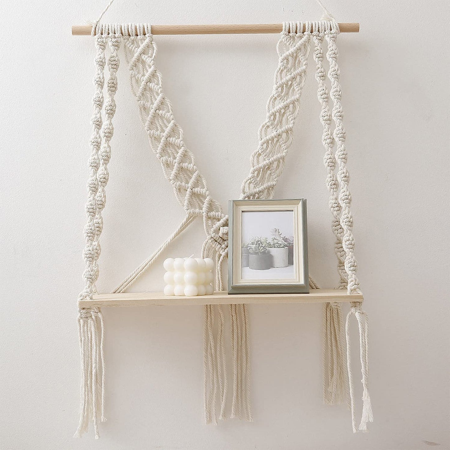Artisan Macrame Shelf – Wall-Mounted – Eco-Friendly Cotton & Wood – 12x5 Inch Plank