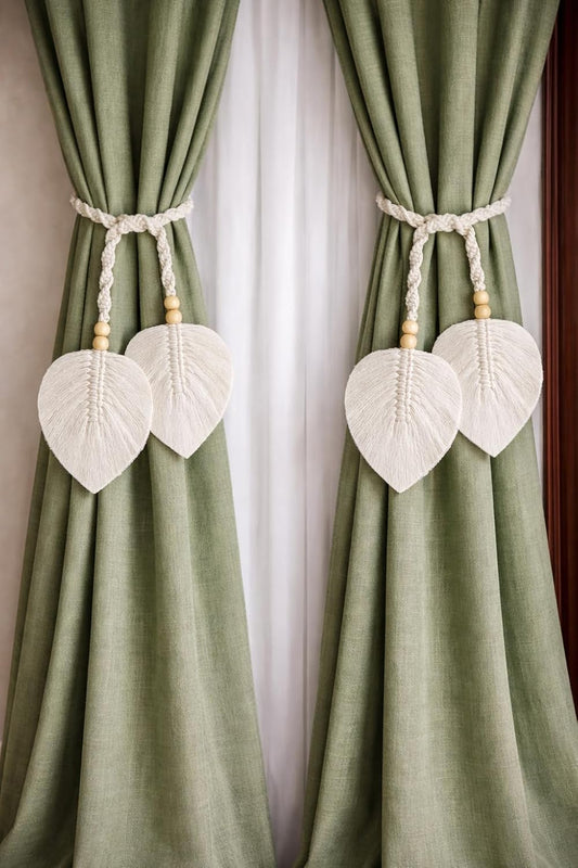 Decorative Cotton Curtain Tieback – Leaf Design Cotton & Wood Beads