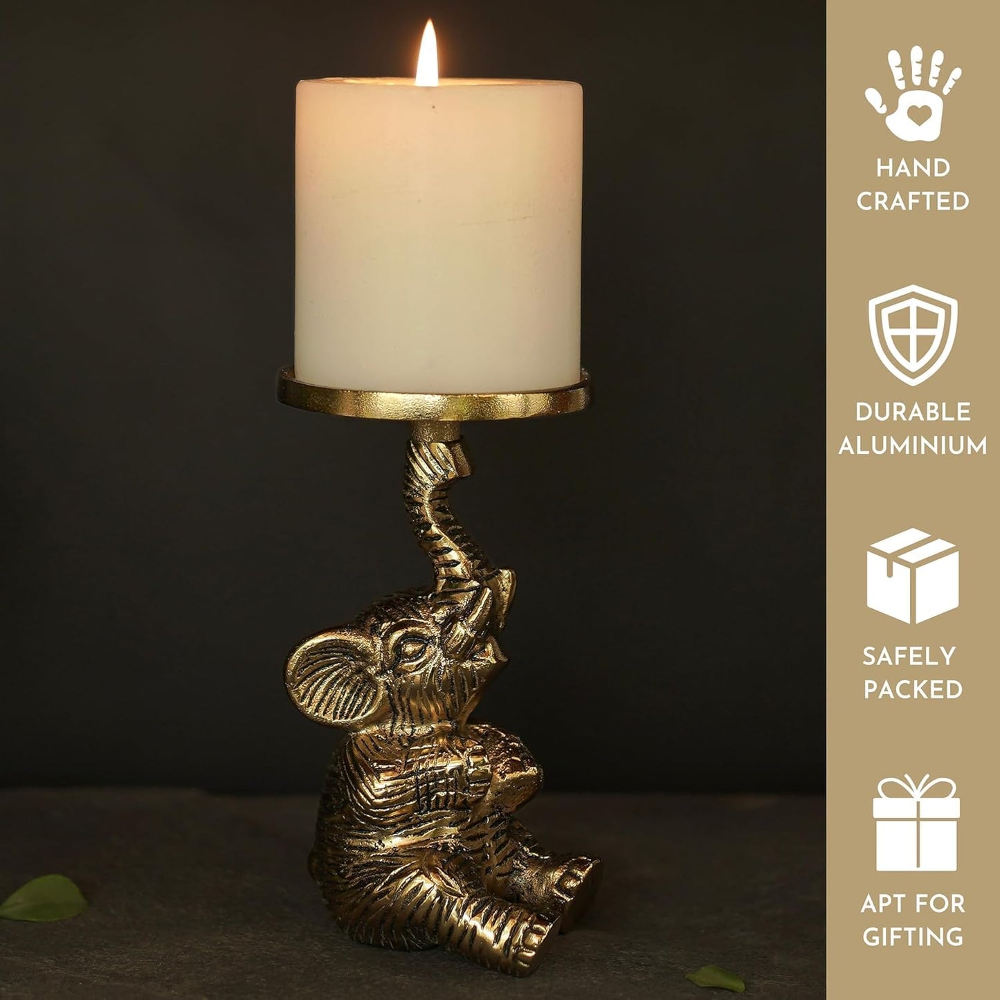 Elegant Gold Handcrafted Elephant Pillar Candle Holder Statue Set of 2 | Home Decor, Wedding, Christmas Gift, Tabletop Showpiece