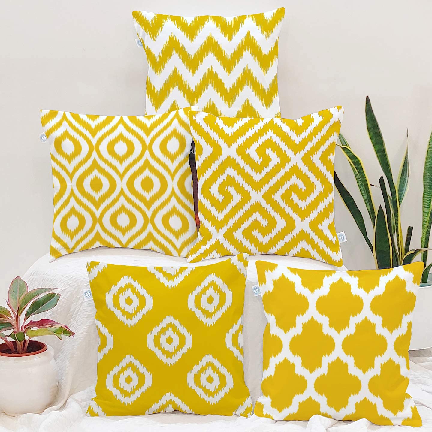 Elegant Yellow & White Ikat Geometric Polycotton Cushion Covers Set of 5 (16x16) | Sofa Pillow Shams, Living Room Decor