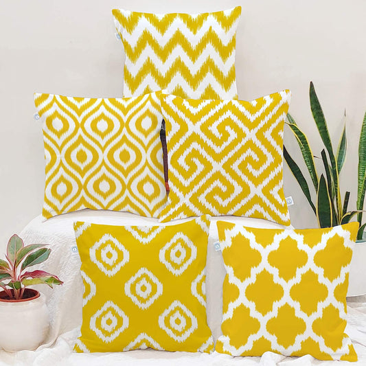 Elegant Yellow & White Ikat Geometric Polycotton Cushion Covers Set of 5 (16x16) | Sofa Pillow Shams, Living Room Decor