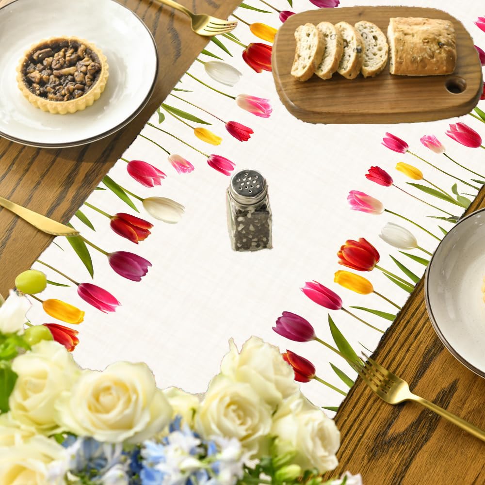 Premium Elegant Blooming Tulip Table Runner – Soft European Fabric, Machine Washable (13x72 Inch) | Dining Table Decor, Kitchen Linen