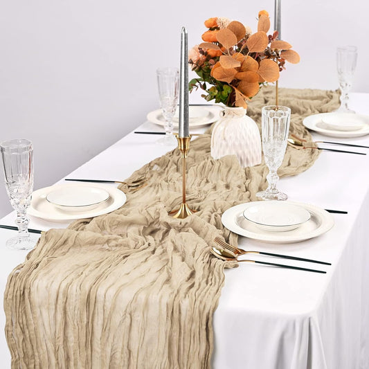 Light Brown Gauze Table Runner – Event & Dining Linens – Natural Pleats – 300x90cm