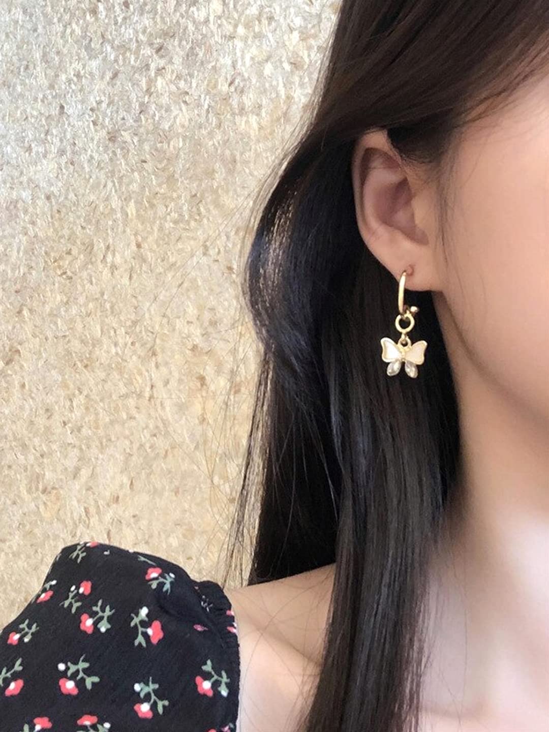 Butterfly Charm Huggie Hoop Drop Earrings – Fashion Jewellery – Gold Tone Alloy – Retail Pair