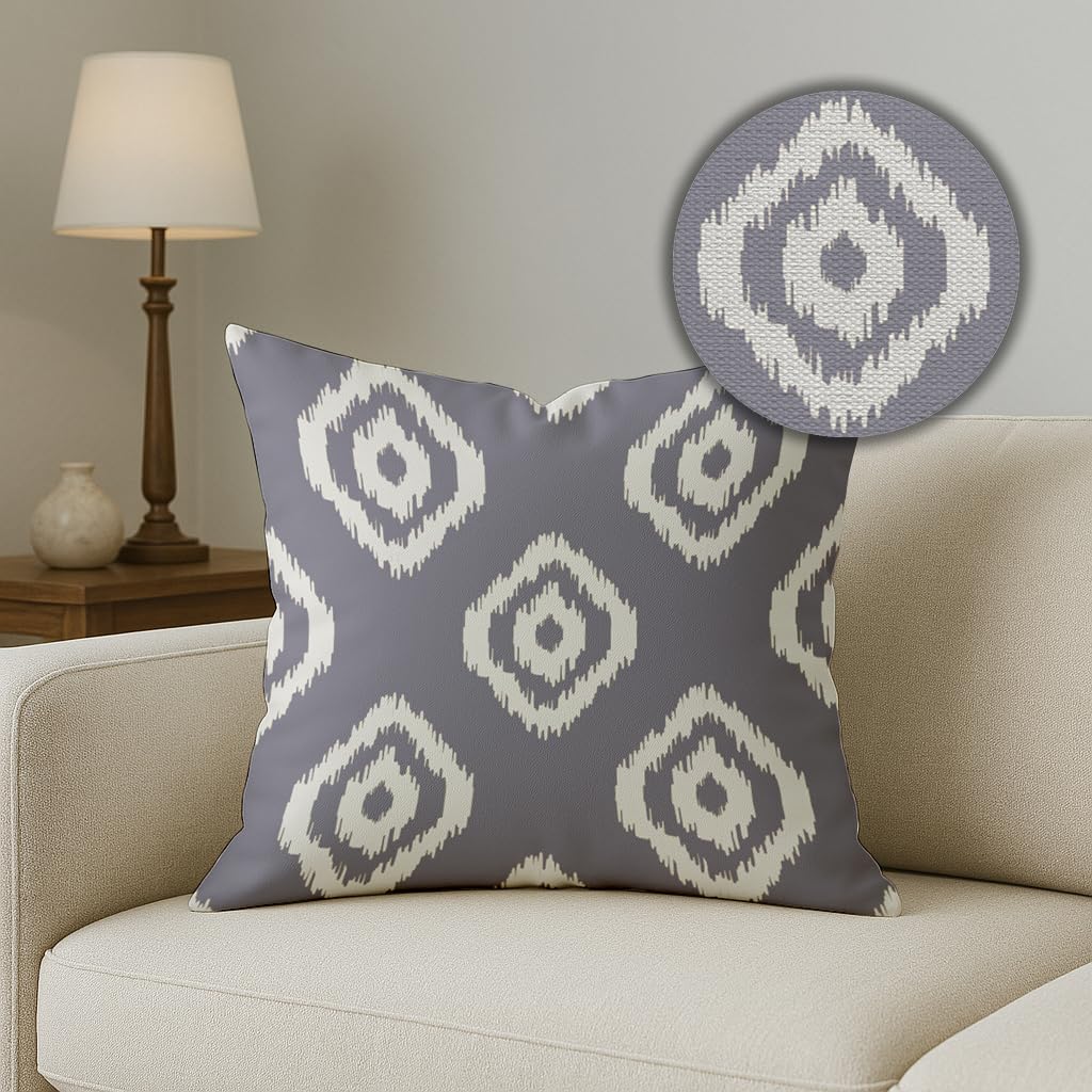 Elegant Grey & White Ikat Geometric Polycotton Cushion Covers Set of 5 (16x16) | Sofa & Living Room Decor, Throw Pillow Covers