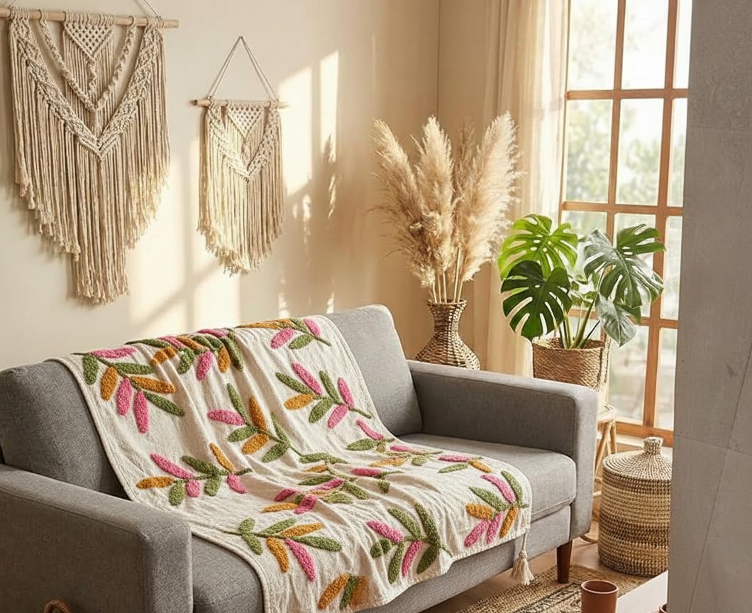 Hand Tufted Cotton Sofa Throw Set – Home Textile – 3-Piece (50x60" Throw, 2x 16x16" Covers)