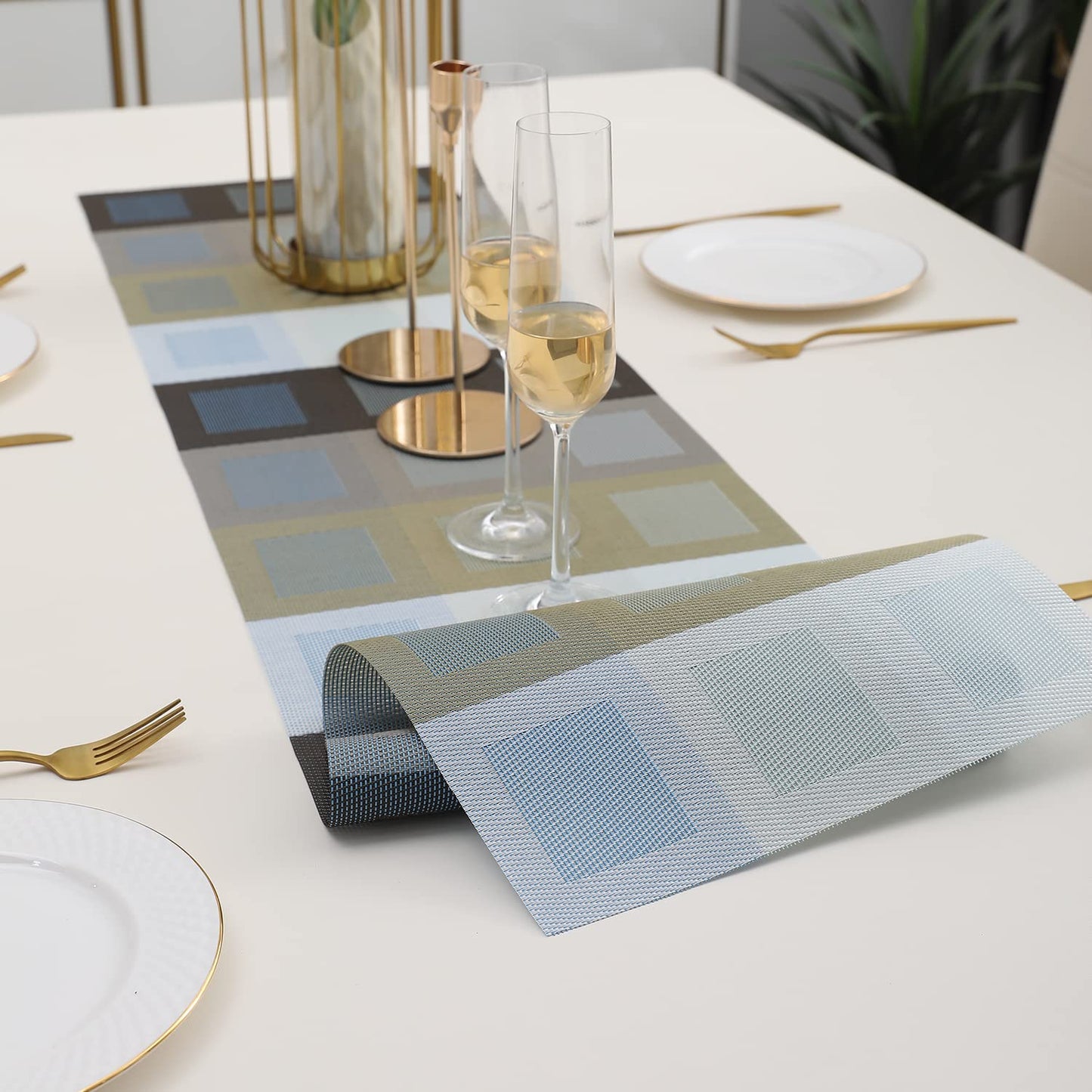 Grey Grid Design Polyester Blend Table Runner, 30x135 cm | Dinner, Coffee, Centre, Side, Dining Table