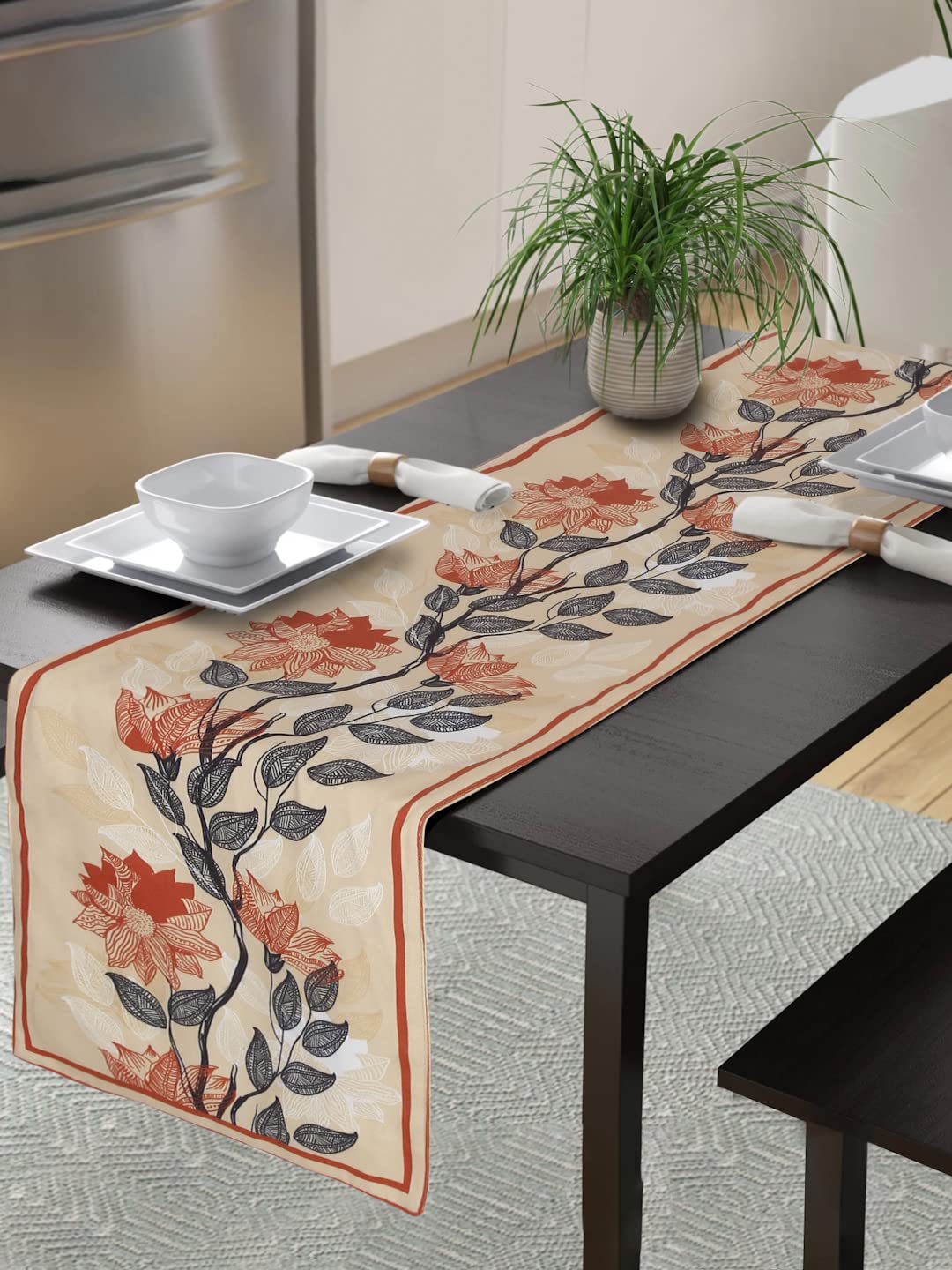 Digital Printed Beige Orange Poly Cotton Washable Dining Table Runner (13x60 Inch) | Alina Decor Kitchen Decor