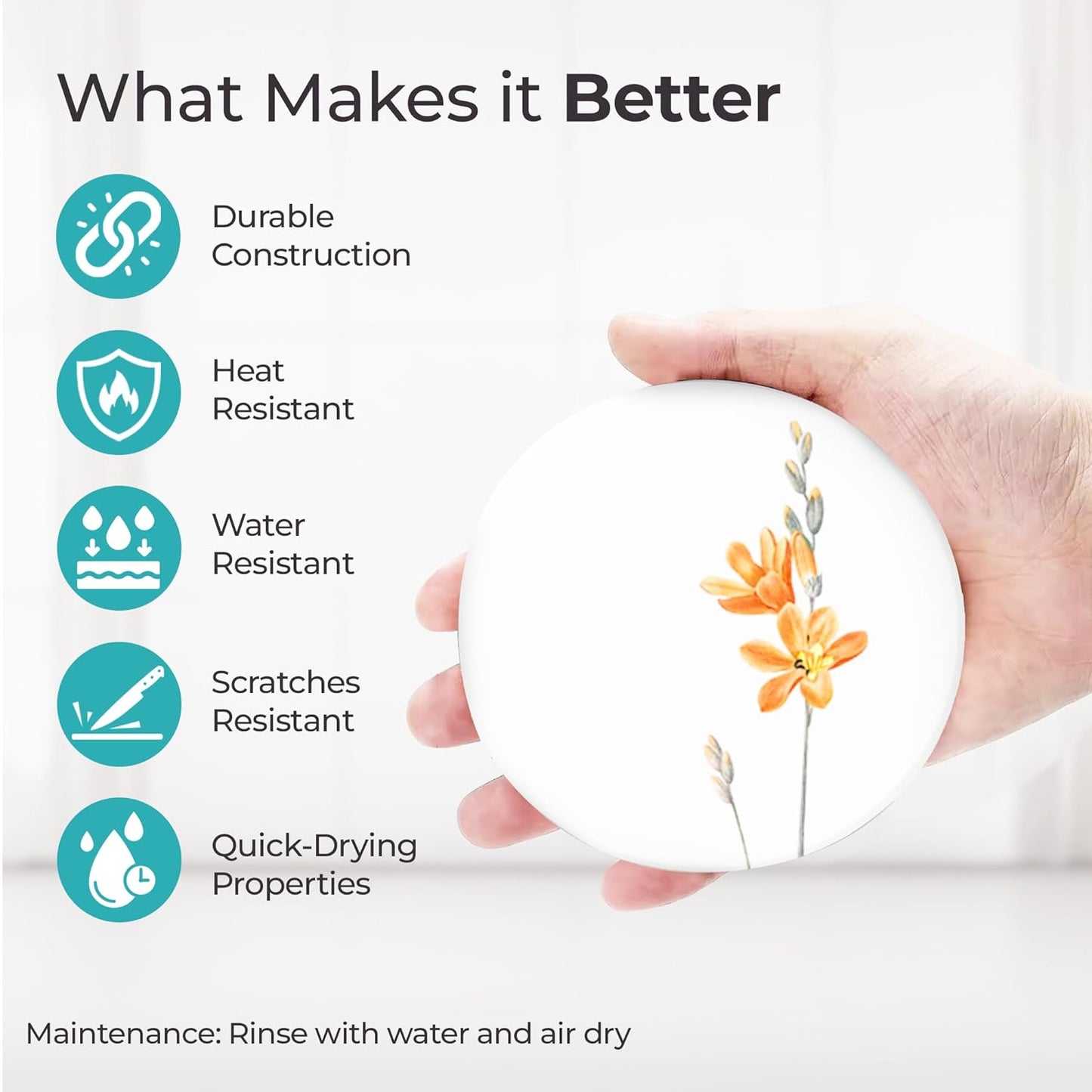 Floral White Water-Resistant Coaster Set 6-Pack (10cm Dia) | Dining Table Accessories, Home Decor, Gifts for Women