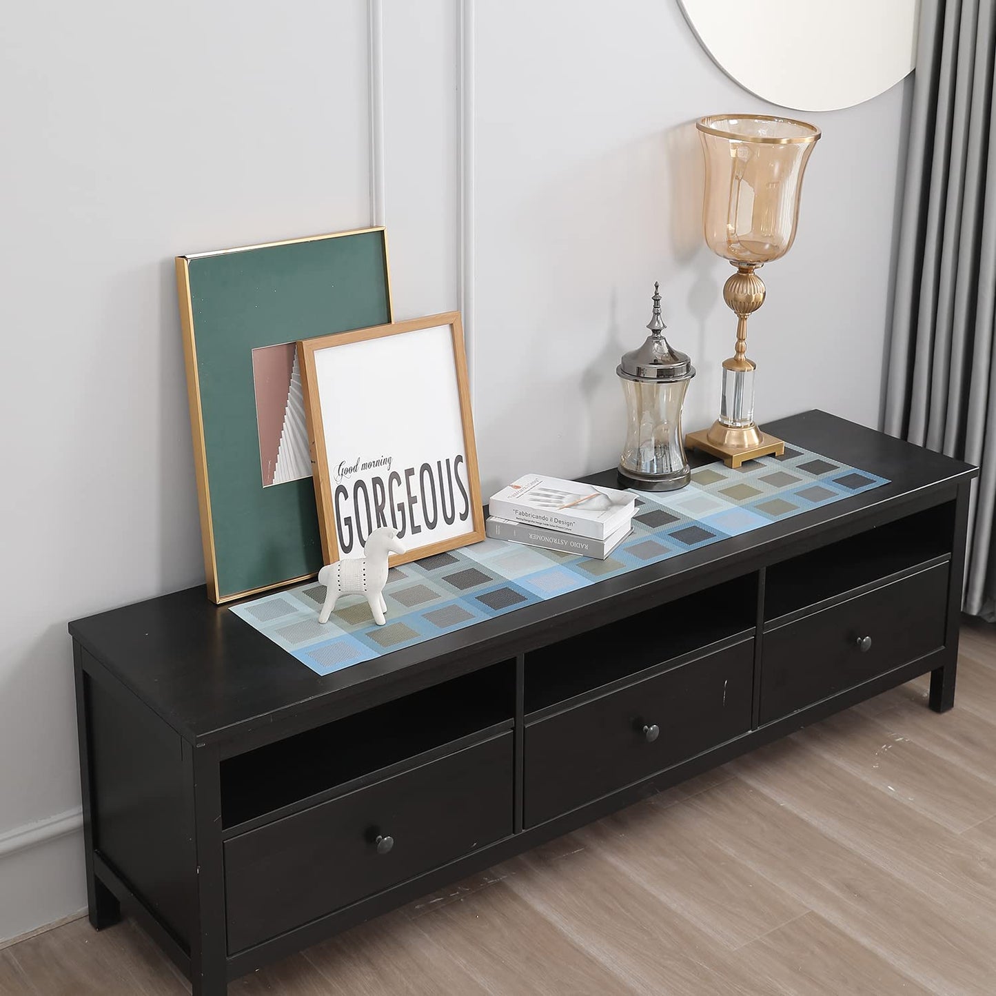 Grey Grid Design Polyester Blend Table Runner, 30x135 cm | Dinner, Coffee, Centre, Side, Dining Table