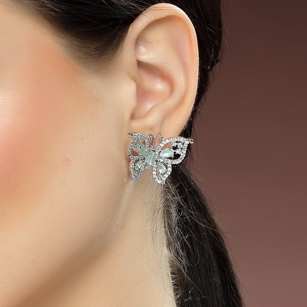 Butterfly Design American Diamond Earrings – Women's Fashion Jewellery – Silver Plated – Lime Green Accent