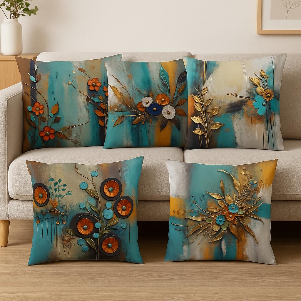 SCPmarts Flower Printed Satin Cushion Covers Set of 5, 16x16 Inch | Soft Decorative Throw Pillow Covers for Sofa & Home Decor