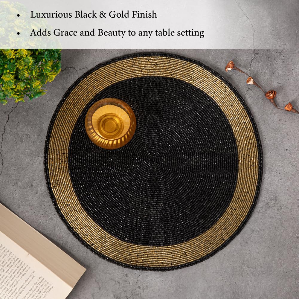 Elegant Black & Gold Beaded Placemats Set of 4 - 14" Round Glass Bead Table Mats | Dining Table Decor & Gift
