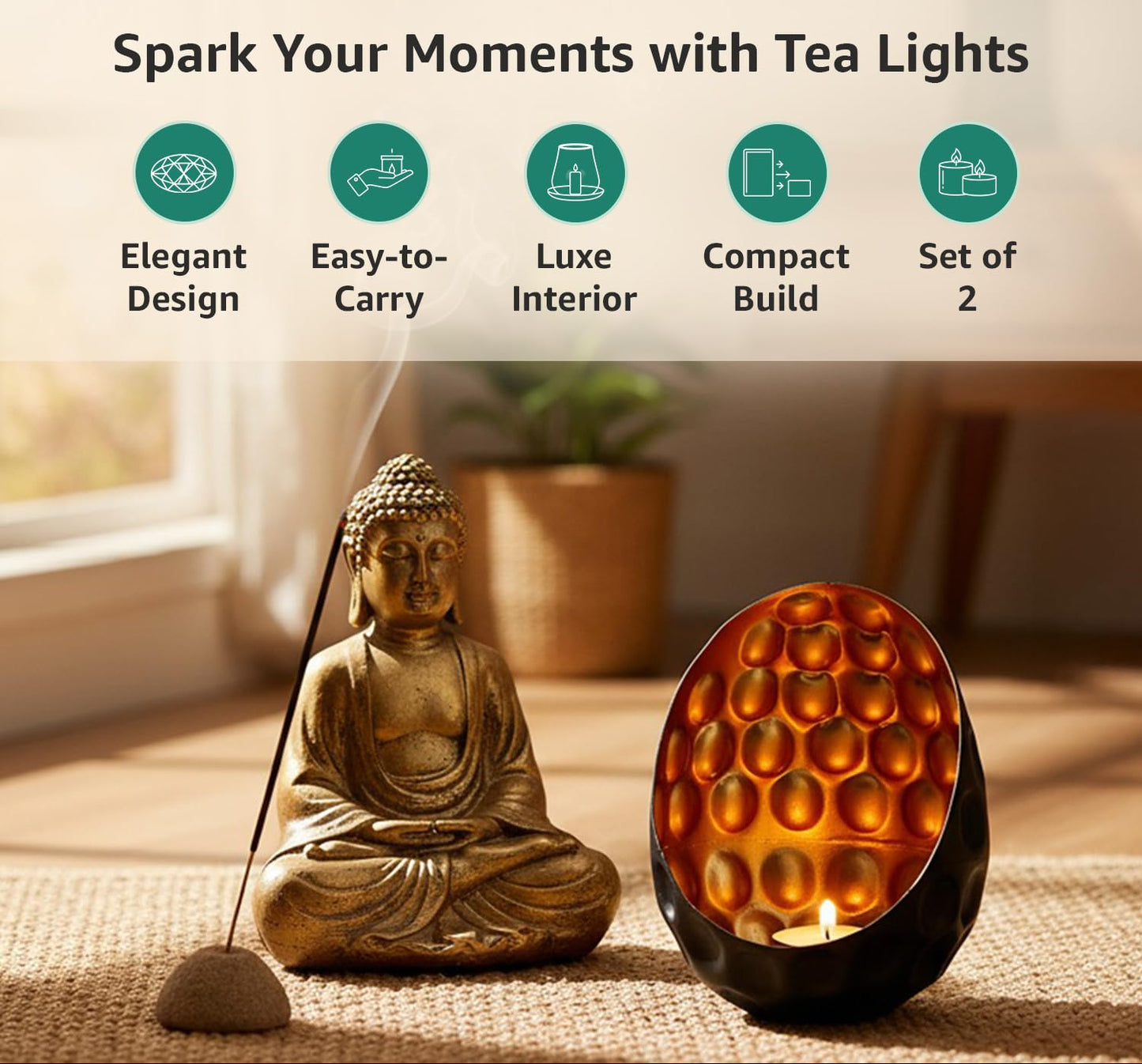 Elegant Oval Diamond Black Iron Gold Handcrafted Tea Light Votive Holders Set of 2 | Candle Holder, Home Decor, Diwali, Christmas