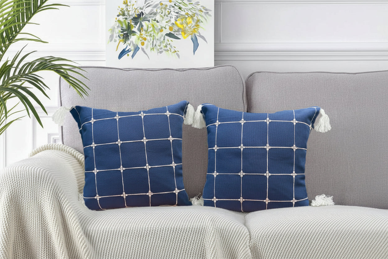 Embroidered Cotton Cushion Cover Set – Home Decor Textiles – Intricate Aura Checks Design – 16x16 inch, Set of 2