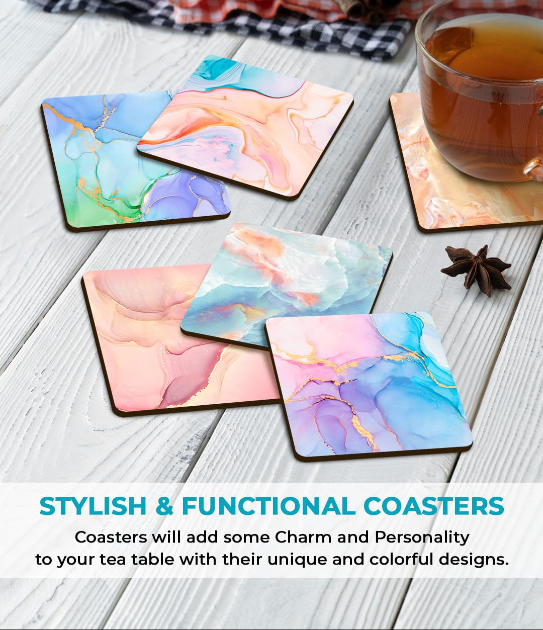 Premium Designer Printed Marble Wooden Coasters Set of 6 (3.5") | Tea Cups, Coffee Mugs, Glasses, Home Decor, Table Protection