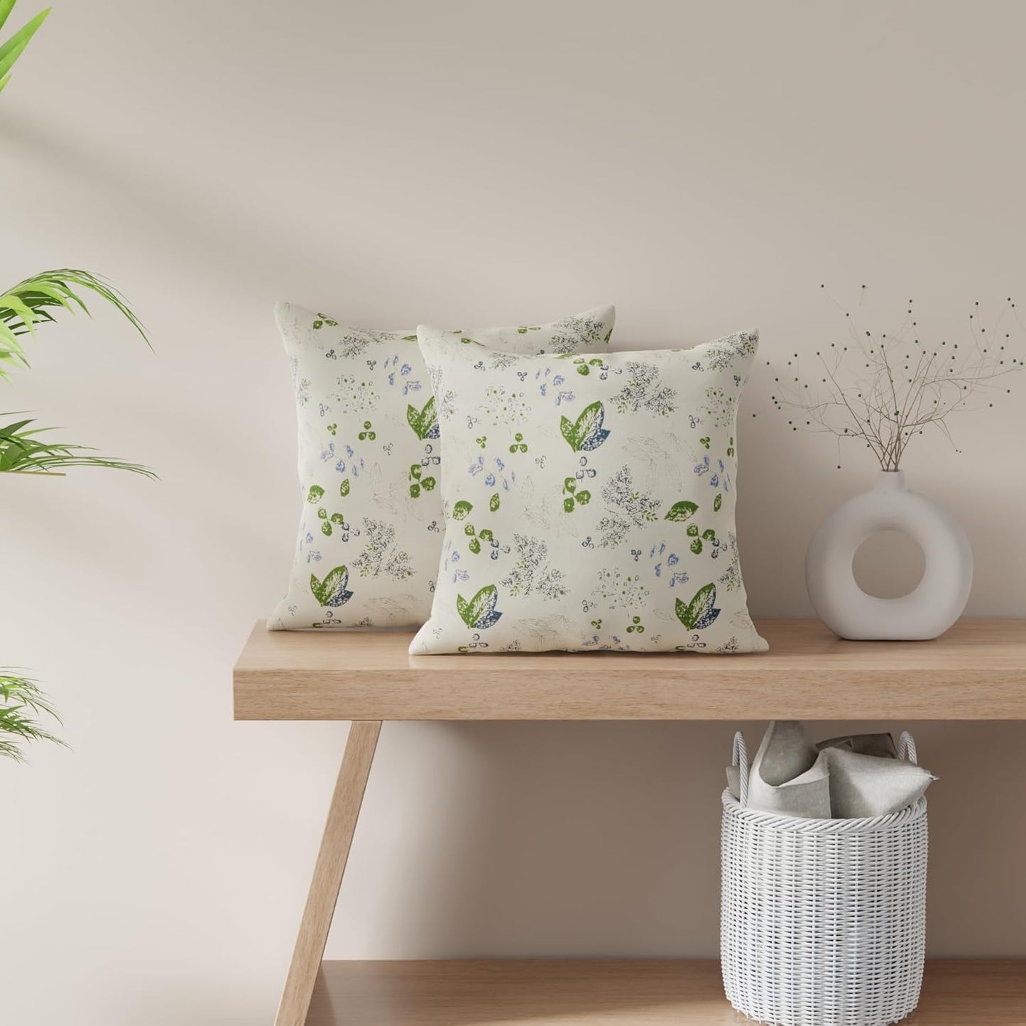 Cushion Cover – Decorative Pillow Set – Durable Heavy Cotton Green Leaf Floral – 16x16 inch, Set of 2