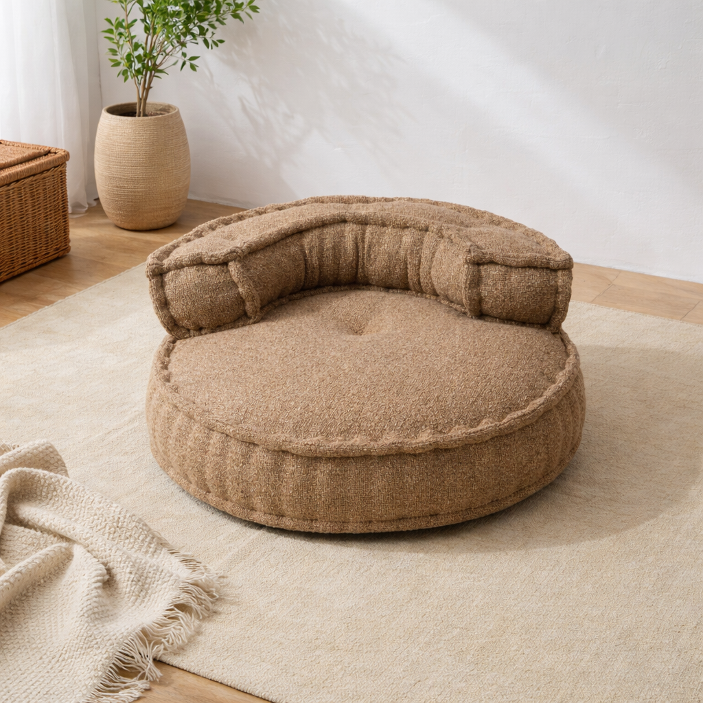 Beige Upholstered Floor Sofa – Modern Lounge
