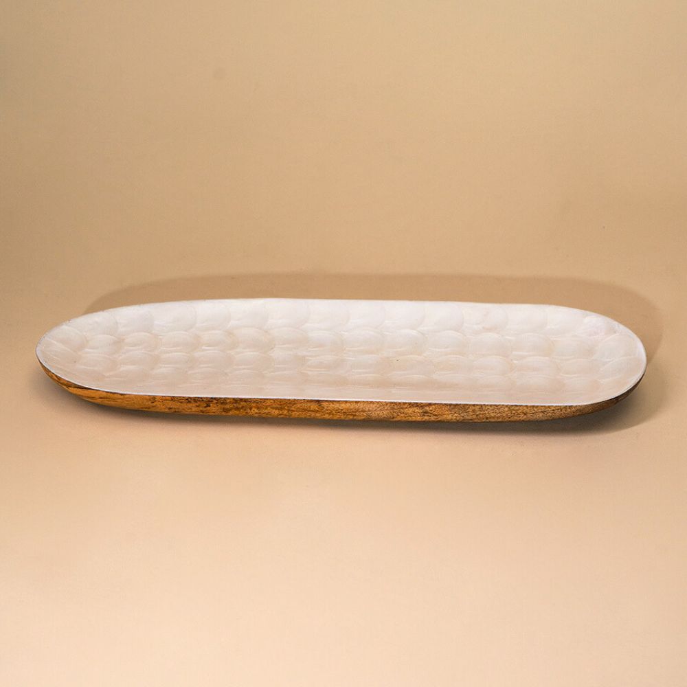 Mango Wood Serving Tray - Enameled Ellipse Shape, 38x12cm