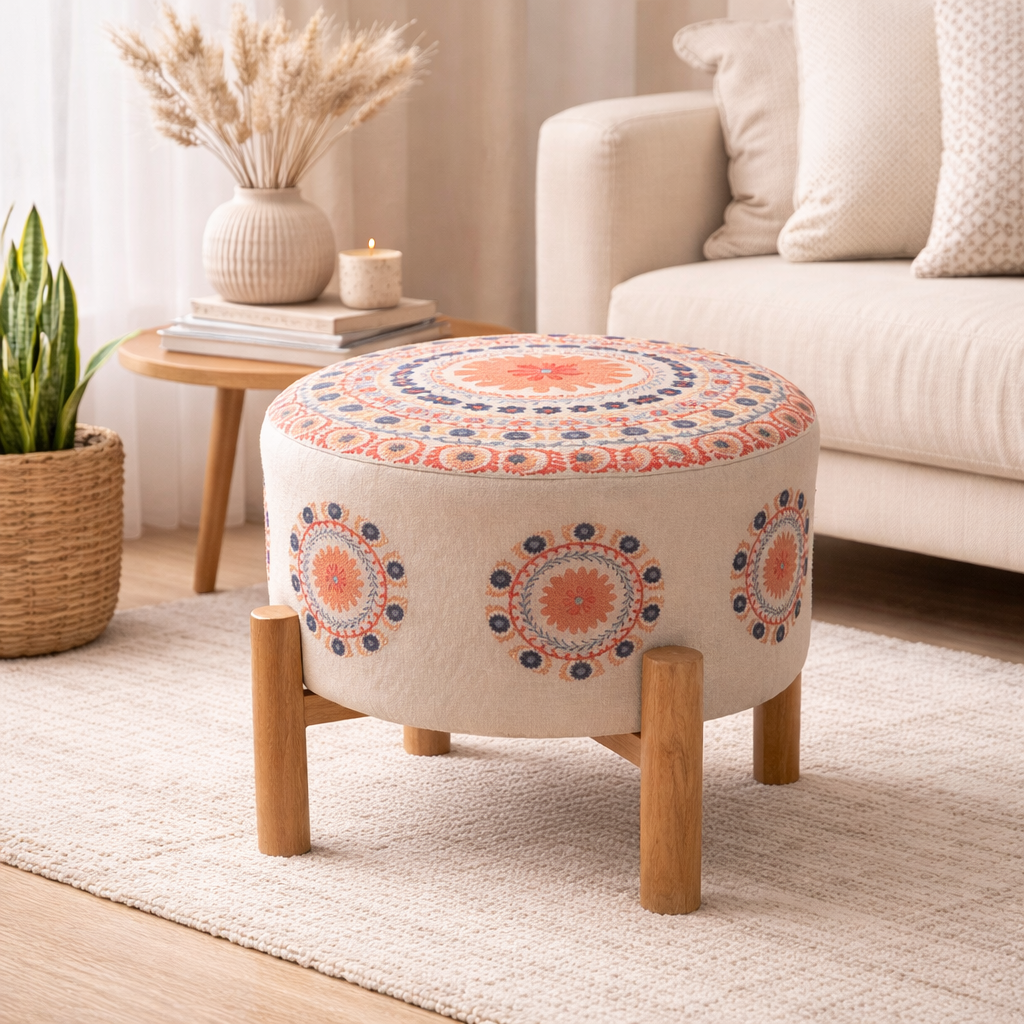 Embroidered Mandala Cotton Pouf Stool with Wooden Legs
