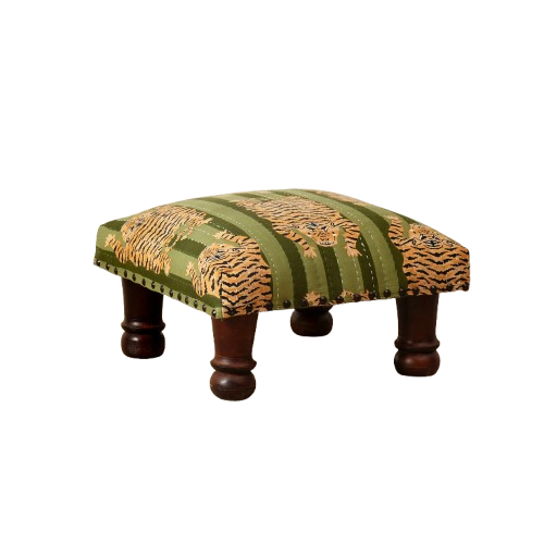 Handcrafted Green Jungle Stripe Cotton Footstool, Wooden Leg